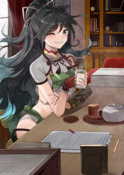  black_hair blue_eyes blush commission crop_top cup curtains female green_tea grin hair_ribbon highres holding holding_cup indoors jewelry kanmiya_shinobu kantai_collection katsuragi_(kancolle) katsuragi_kai_(kancolle) long_hair looking_at_viewer one_eye_closed paper pencil ponytail ribbon ring sitting skeb_commission smile solo tea wedding_ring white_ribbon window yunomi 