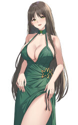  :d absurdres bare_arms bare_shoulders black_survival breasts brown_hair character_request choker cleavage cowboy_shot dress eternal_return:_black_survival female green_choker green_dress green_eyes highres large_breasts long_hair looking_at_viewer open_mouth ptal side_slit simple_background sleeveless sleeveless_dress smile solo standing very_long_hair white_background 