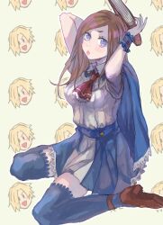  arms_behind_head ascot bad_id bad_pixiv_id blonde_hair blue_capelet blue_eyes blue_thighhighs blush book brown_hair capelet castlevania:_portrait_of_ruin castlevania_(series) charlotte_aulin female highres holding holding_book jonathan_morris long_hair looking_at_viewer open_mouth red_ascot red_footwear salt_(reincarnation) shirt skirt thighhighs white_shirt zettai_ryouiki 