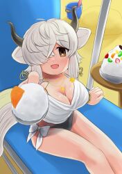  animal_ears beach bikini black_horns blush breasts brown_eyes cleavage extra_ears female food from_above grey_horns hair_over_one_eye horns ice_cream kemono_friends kemono_friends_3 large_breasts long_hair looking_at_viewer multicolored_horns navel ox_ears ox_girl ox_horns ox_tail pov solo swimsuit tame_(sld8zoczefz9aau) twintails very_long_hair white_bikini white_hair yak_(kemono_friends) 