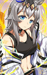  ahoge animal_ears arknights bare_shoulders black_choker black_sports_bra blue_eyes breasts choker cleavage closed_mouth collarbone commentary_request cosplay cowboy_shot female grey_hair hair_between_eyes hairband highres horse_ears horse_girl infection_monitor_(arknights) jumpsuit large_breasts long_hair looking_at_viewer midriff mudrock_(arknights) mudrock_(arknights)_(cosplay) multicolored_hair navel off_shoulder oguri_cap_(umamusume) open_jumpsuit sidelocks solo sports_bra standing umamusume white_jumpsuit yasume_yukito yellow_hairband 