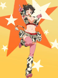  ;d animal_ear_hairband animal_ears animal_print bell blush breasts brown_eyes brown_hair cow_ears cow_horns cow_print cow_tail cowbell dr._gero_(staedtler_0508) fake_animal_ears fake_horns fake_tail female frilled_skirt frills full_body hairband headset highres horn_hairband horns idolmaster idolmaster_cinderella_girls large_breasts miniskirt navel neck_bell oikawa_shizuku one_eye_closed pink_thighhighs pointing short_hair skirt smile solo standing standing_on_one_leg starry_background stomach sweat tail thighhighs 