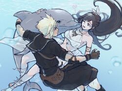  1boy air_bubble animal bare_shoulders belly_chain bikini black_hair black_sailor_collar black_shirt black_shorts blonde_hair bow breasts brown_gloves bubble chest_jewel choker cloud_strife cloud_strife_(maritime_sailor) collarbone commentary_request dancer dolphin earrings feet_out_of_frame female final_fantasy final_fantasy_vii final_fantasy_vii_ever_crisis floating_hair gloves hairbow hand_on_another&#039;s_arm heart jewelry long_hair looking_at_another medium_breasts necklace ninnin5tora official_alternate_costume one_eye_closed parted_lips red_eyes sailor_collar shirt short_hair shorts smile spiked_hair stomach swept_bangs swimsuit tifa_lockhart tifa_lockhart_(passion_mermaid) toeless_footwear underwater white_bikini white_bow white_choker 