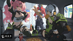  1boy 2girls :d absurdres amillion_(zenless_zone_zero) anby_demara arm_up bag baguette bangboo_(zenless_zone_zero) billy_kid black_bag black_choker black_gloves black_jacket black_shorts black_sleeves black_thighhighs bread breasts burger choker cleavage clothing_cutout commentary_request cropped_jacket cup detached_sleeves disposable_cup drinking_straw fingerless_gloves food food_on_face from_behind fur-trimmed_shorts fur_trim gloves green_eyes grey_hair hair_ornament hairpin hand_on_own_hip headphones heart_pendant highres humanoid_robot jacket long_hair looking_at_viewer looking_back luanjingajing midriff mole mole_on_breast mole_on_thigh mole_under_eye mouth_hold multiple_girls navel nicole_demara open_clothes open_jacket open_mouth orange_eyes paper_bag pink_hair pizza red_jacket road_sign robot short_hair short_shorts shorts shoulder_cutout sign sitting smile soda strapless thighhighs torn_clothes torn_thighhighs tube_top twintails white_hair white_tube_top zenless_zone_zero 