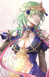  alternate_costume breasts byleth_(female)_(fire_emblem) byleth_(fire_emblem) cleavage cosplay female fire_emblem fire_emblem:_three_houses green_eyes green_hair highres kazu20200224 large_breasts looking_at_viewer navel smile solo sothis_(fire_emblem) sothis_(fire_emblem)_(cosplay) twitter_username 