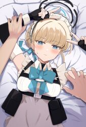  absurdres apron arms_up bed_sheet black_gloves black_halo blonde_hair blue_archive blue_eyes blue_ribbon blush breasts closed_mouth commentary_request double_v female fingerless_gloves gloves half_up_braid halo highres holding_another&#039;s_arm kumoi_sora looking_at_viewer lying maid_headdress multicolored_hair on_back pillow pov ribbon small_breasts solo_focus streaked_hair sweatdrop toki_(blue_archive) v white_apron 