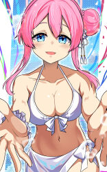  bare_shoulders bikini blue_archive blue_eyes blush braid braided_bun breasts cleavage collarbone commentary_request cowboy_shot female front-tie_bikini_top front-tie_top groin hair_between_eyes hair_bun hair_ornament halo highres large_breasts long_hair looking_at_viewer midriff mimori_(blue_archive) mimori_(swimsuit)_(blue_archive) navel official_alternate_costume open_mouth pink_hair pink_halo sarong scrunchie sidelocks single_side_bun smile solo splashing standing swimsuit tassel white_bikini white_sarong wrist_scrunchie yasume_yukito 