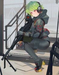  absurdres bag bodysuit breasts bullet english_commentary female green_hair gun highres holding holding_gun holding_weapon hood hood_down knee_pads military on_stairs original platform_footwear platform_heels polilla red_eyes scope short_hair shoulder_bag skin_tight smoke_trail solo weapon 