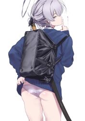  backpack bag blue_cardigan blue_skirt cardigan clothes_lift female finger_to_mouth grey_eyes grey_hair grey_halo grey_panties hair_ornament hair_stick halo highres itokonoue_kaoru lifting_own_clothes looking_at_viewer looking_back mazarimon panties project_kv shushing simple_background skirt skirt_lift solo sword sword_on_back underwear weapon weapon_behind_back weapon_on_back white_background 