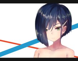  asymmetrical_hair bare_shoulders blue_hair blue_stripes blunt_ends bob_cut close-up closed_mouth cloud collarbone commentary completely_nude darling_in_the_franxx expressionless female green_eyes hair_ornament hair_over_one_eye hairclip ichigo_(darling_in_the_franxx) looking_afar looking_ahead looking_down nude out-of-frame_censoring portrait red_stripes shinonome_tsukasa short_hair single_sidelock solo swept_bangs white_background 