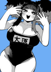  absurdres alternate_costume black_hair blue_background blush breasts cleavage female fingernails highres kanke_(kank06020602) limited_palette long_hair multicolored_hair one-piece_swimsuit open_mouth satsuki_ouhara streaked_hair swimsuit teihen_no_daigaku_janaru translation_request twintails 