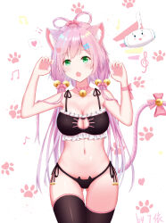  71-fen_xiansheng_you :o animal_ears arm_ribbon ass_visible_through_thighs beamed_eighth_notes bell black_bra black_panties black_thighhighs blush bow bra breasts cat_cutout cat_ears cat_hair_ornament cat_lingerie cat_tail choker claw_pose cleavage_cutout clothing_cutout collarbone commentary_request female frilled_bra frills green_eyes hair_between_eyes hair_ornament hairpin highres jingle_bell long_hair looking_at_viewer low_twintails luo_tianyi medium_breasts meme_attire musical_note navel oerba_yun_fang open_mouth panties paw_print paw_print_background pink_bow pink_choker pink_hair pink_nails pink_ribbon pink_trim ribbon side-tie_panties solo tail tail_bell tail_bow tail_ornament thigh_gap thighhighs twintails underwear vocaloid vsinger_(vocaloid) white_background 