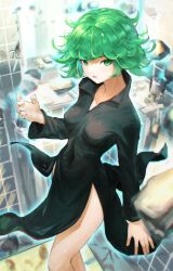  absurdres arm_at_side aura black_dress breasts building city collared_dress covered_navel day dress feet_out_of_frame female flipped_hair floating_clothes floating_rock green_eyes green_hair hand_up hangu highres long_sleeves looking_at_viewer lower_teeth_only medium_breasts one-punch_man open_hands outdoors parted_lips pelvic_curtain short_hair solo standing tatsumaki teeth tongue 