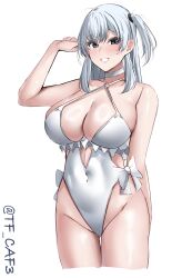  absurdres blush breasts casual_one-piece_swimsuit choker cosplay cowboy_shot female frilled_one-piece_swimsuit frills grey_eyes grey_hair hair_between_eyes hair_ornament highleg highleg_one-piece_swimsuit highres kantai_collection large_breasts long_hair looking_at_viewer one-piece_swimsuit one_side_up sagiri_(kancolle) sagiri_(kancolle)_(cosplay) sagiri_kai_(swimsuit_mode)_(kancolle) side-tie_swimsuit smile solo suzutsuki_(kancolle) swimsuit tf_cafe twitter_username white_background white_choker white_one-piece_swimsuit 