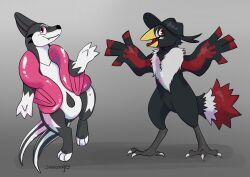  2019 2_tails ambiguous_gender anthro beak black_body black_feathers black_nose claws digital_drawing_(artwork) digital_media_(artwork) digitigrade duo fangs feather_hands feathers floatzel fluffy_chest fur generation_4_pokemon grey_background grey_body grey_claws grey_fur hi_res hindpaw honchkrow jaspering markings multi_tail nintendo paws pink_eyes pink_fins pokemon pokemon_(species) red_eyes red_markings red_tongue shaded signature simple_background smile snout tail tail_feathers teeth toe_claws tongue white_body white_fur yellow_beak 