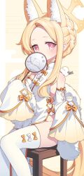  alternate_costume animal_ear_fluff animal_ears bird blonde_hair blue_archive blush bow braid bright_pupils china_dress chinese_clothes closed_mouth cross_halo cup detached_sleeves dress eskimofox extra_ears female forehead fox_ears fox_tail gradient_eyes hair_ornament halo highres holding holding_cup long_hair looking_at_viewer multicolored_eyes on_chair parted_bangs red_eyes seia_(blue_archive) side_slit sitting smile tail tit_(bird) very_long_hair white_bird white_bow white_dress white_pupils yellow_bow yellow_halo 