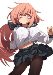  black_sailor_collar black_skirt breasts brown_pantyhose female fu-ta highres large_breasts long_hair long_sleeves looking_at_viewer michinoku_komaro midriff navel panties panties_over_pantyhose pantyhose pink_hair sailor_collar school_uniform seitokai_nimo_anawa_aru! shirt simple_background skirt solo standing underwear white_background white_shirt 