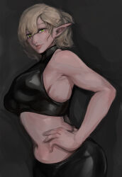  bike_shorts black_shorts black_sports_bra blonde_hair breasts commentary_request cowboy_shot derorin female green_eyes grey_background hair_between_eyes hand_on_own_hip highres lips looking_at_viewer medium_bangs medium_breasts messy_hair midriff mizuhashi_parsee navel parted_lips pointy_ears short_hair shorts sideboob smile solo sports_bra touhou 