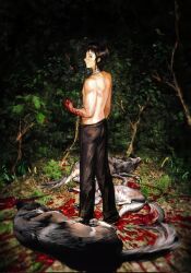  1boy bandaged_neck bandages black_eyes black_hair black_pants blood blood_on_hands blood_splatter dead_animal forest full_body highres looking_at_viewer looking_back mahou_tsukai_no_yoru nature night pants shizuki_soujuurou solo standing topless_male wolf 