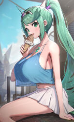  absurdres alternate_costume blue_shirt breasts camisole casual chest_jewel cleavage crop_top crop_top_overhang earrings female food from_side gonzarez green_eyes green_hair high_ponytail highres huge_breasts ice_cream ice_cream_cone jewelry licking long_hair looking_at_viewer midriff_peek miniskirt navel outdoors pleated_skirt pneuma_(xenoblade) ponytail revision see-through_silhouette shirt shirt_overhang sideways_glance sitting skirt solo swept_bangs tiara tongue tongue_out very_long_hair xenoblade_chronicles_(series) xenoblade_chronicles_2 