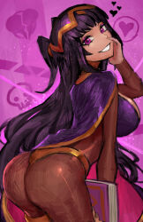  absurdres ass bent_over black_bridal_gauntlets black_hair blunt_bangs bodystocking book breasts bridal_gauntlets circlet female fire_emblem fire_emblem_awakening gold_trim grin hand_on_own_chin highres holding holding_book jewelry large_breasts long_hair purple_eyes saiykik skin_tight smile solo tharja_(fire_emblem) thighlet tiara 