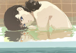  azuma_yamabiko bath bathing black_hair breasts chainsaw_man cross_scar different_reflection dual_persona female grey_eyes highres looking_at_viewer mitaka_asa reflection ringed_eyes scar scar_on_face scar_on_nose sideboob small_breasts tile_wall tiles water wet yellow_eyes yoru_(chainsaw_man) 