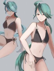  alternate_costume arm_support bikini black_bikini closed_mouth collarbone commentary_request female green_hair hair_between_eyes highres long_hair multiple_views pokemon pokemon_sv ponytail red_eyes rika_(pokemon) ringosan2329 side-tie_bikini_bottom sitting swimsuit 