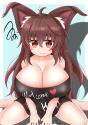  1girls bad_id bad_pixiv_id black_shirt blue_background blush brown_eyes brown_hair cleavage closed_mouth clothes_writing hecatia_lapislazuli_(cosplay) huge_breasts imaizumi_kagerou kagerou_imaizumi long_fingernails long_hair looking_at_viewer oerba_yun_fang red_nails riru_neko sitting slit_pupils solo squiggle touhou wariza wolf_ears wolf_girl 