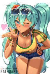  absurdres alternate_breast_size alternate_costume alternate_skin_color aqua_eyes aqua_hair artist_name bead_choker bent_over bikini bikini_tan bikini_under_clothes blowing_kiss blue_bikini blue_shorts blush borrowed_design bracelet brazilian_flag_print brazilian_miku breasts cleavage collarbone cowboy_shot crop_top denim denim_shorts earrings exposed_pocket eyewear_on_head female flower hair_between_eyes hand_on_own_hip hatsune_miku heart hibiscus highres jewelry looking_at_viewer multiple_bracelets nathoart one_eye_closed patreon_logo puckered_lips puffy_short_sleeves puffy_sleeves short_sleeves shorts shorts_tan simple_background solo sweat swimsuit tan tanlines twintails vocaloid white_background 