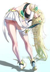  ahoge artist_name ass bare_legs bent_over blonde_hair blush breasts dated dress earrings elbow_gloves female full_body gloves gold_trim hands_on_own_thighs headpiece highres jewelry kneepits large_breasts legs long_hair looking_at_viewer mercury_xeno microdress mythra_(xenoblade) shadow solo swept_bangs thigh_strap thighs tiara very_long_hair white_dress white_footwear xenoblade_chronicles_(series) xenoblade_chronicles_2 yellow_eyes 