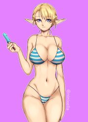  bikini blonde_hair blue_eyes breasts elf elf-san_wa_yaserarenai. elfuda_(elf-san_wa_yaserarenai.) female highres looking_at_viewer ninixella pointy_ears swimsuit 