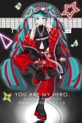  39 aqua_eyes arm_tattoo bare_shoulders belt blunt_bangs blunt_ends boots chain_necklace chains closed_mouth clothing_cutout commentary cross-laced_footwear detached_hair down_jacket eighth_note english_text full_body goggles goggles_on_head hatsune_miku highres holding holding_megaphone invisible_chair jacket jewelry lace-up_boots light_blush light_smile long_hair long_sleeves magical_mirai_(vocaloid) magical_mirai_miku magical_mirai_miku_(2023) megaphone mofmama multicolored_hair musical_note navel navel_cutout necklace number_tattoo pants red_nails red_pants ring_hair_ornament sitting star_(symbol) tattoo two-sided_fabric two-sided_jacket two-tone_hair unzipped very_long_hair vocaloid 