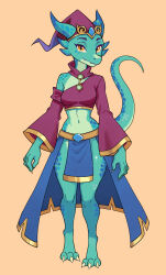  absurd_res anthro azura_(golddrake) barefoot belt blue_body blue_scales bottomwear breasts clothing exposed_shoulder feet female gem gold_trim hat headgear headwear hi_res horn kobold large_sleeves magic_user medieval_clothing meelsyse midriff oversized_clothing scales skirt solo tail 