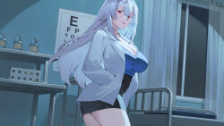  albino bed black_skirt blue_shirt breasts cleavage coat commentary commission cowboy_shot curtains dnaitari doctor double-parted_bangs english_commentary female floating_hair hair_between_eyes hand_in_pocket high-waist_skirt highres hospital hospital_bed indoors lab_coat large_breasts long_hair looking_at_viewer original parted_lips pencil_skirt pixiv_commission red_eyes shirt shirt_tucked_in skirt smile solo standing teeth test_tube thick_eyebrows very_long_hair white_coat white_hair window 