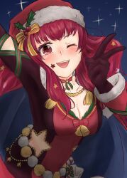  bodysuit breasts cape christmas cleavage facial_mark female fire_emblem fire_emblem_engage fire_emblem_heroes hair_ornament hat holly_hair_ornament multicolored_cape multicolored_clothes official_alternate_costume open_mouth red_bodysuit red_cape reshi_fe santa_hat star_(symbol) star_cutout star_facial_mark star_hair_ornament two-tone_cape v yunaka_(fire_emblem) yunaka_(fire_emblem)_(spirited_envoy) 