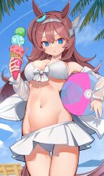  :o ahoge alternate_costume animal_ears ball bare_shoulders beachball bikini blue_eyes bow breasts brown_hair commentary cowboy_shot ear_ornament female food hair_between_eyes hairband holding holding_ball holding_beachball holding_food holding_ice_cream horse_ears horse_girl ice_cream jacket large_breasts long_hair long_sleeves looking_at_viewer microskirt mihono_bourbon_(umamusume) navel off_shoulder open_mouth palm_tree parted_lips pleated_skirt sidelocks skirt sky solo swimsuit tree umamusume umbrella white_bikini white_bow white_jacket white_skirt yomean! 