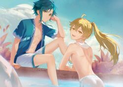  2boys aether_(genshin_impact) ahoge alternate_costume aqua_hair aqua_jacket back blonde_hair closed_mouth earrings facial_mark forehead_mark genshin_impact green_hair hair_between_eyes highres jacket jewelry lim3cake long_hair male_focus male_swimwear multicolored_hair multiple_boys muscular muscular_male open_clothes open_jacket open_mouth ponytail pool short_hair smile topless_male white_male_swimwear xiao_(genshin_impact) yellow_eyes 