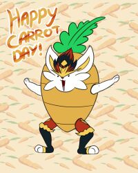  2020 animated anthro carrot cinderace clothing digital_media_(artwork) english_text exclamation_point food fur generation_8_pokemon latiar lorenzo_(latiar) male nintendo open_mouth paws plant pokemon pokemon_(species) pokemorph solo standing suit text tongue vegetable 