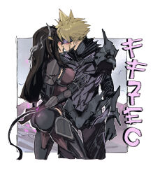  1boy ass black_hair blonde_hair blush breasts cloud_strife cloud_strife_(bahamut_garb) couple female final_fantasy final_fantasy_vii final_fantasy_vii_ever_crisis highres kissing large_breasts mask morgengischt official_alternate_costume tail tifa_lockhart 