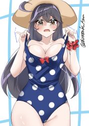  adjusting_clothes adjusting_swimsuit ahoge black_hair blue_one-piece_swimsuit blush breasts brown_eyes casual_one-piece_swimsuit cleavage female hat highres kantai_collection large_breasts long_hair looking_at_viewer one-piece_swimsuit open_mouth polka_dot polka_dot_one-piece_swimsuit polka_dot_swimsuit scrunchie shiratsuki_azu straw_hat sun_hat swimsuit tears twitter_username ushio_(kancolle) ushio_(swimsuit_mode)_(kancolle) white_background wrist_scrunchie 