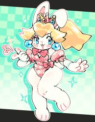  adapted_costume animal_ears animal_feet blonde_hair blue_eyes blush bow bowtie breasts cleavage commentary crown detached_sleeves earrings english_commentary female furry furry_female heart highres jaltoid jewelry leotard long_hair mario_(series) mario_+_rabbids_kingdom_battle open_mouth pawpads pink_bow pink_bowtie pink_leotard ponytail princess_peach puffy_detached_sleeves puffy_sleeves rabbid rabbid_peach rabbit_ears rabbit_girl rabbit_tail raving_rabbids signature smile sparkle tail 