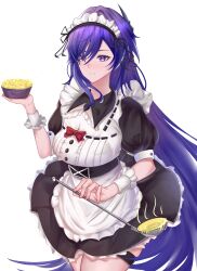  acheron_(honkai:_star_rail) aiyawai_(ayw) alternate_costume apron black_dress bow cowboy_shot dress enmaided female highres holding holding_ladle honkai:_star_rail honkai_(series) ladle long_hair maid maid_headdress parted_lips puffy_short_sleeves puffy_sleeves purple_eyes purple_hair red_bow short_sleeves simple_background solo standing thigh_strap very_long_hair white_apron white_background 