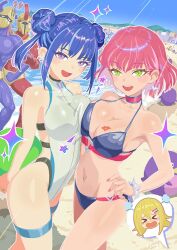  &gt;_&lt; 2boys 3girls artist_name beach bikini black_bikini blue_hair bracelet breasts broken_heart dark_magician_girl double_bun duel_monster evil_twin_ki-sikil evil_twin_lil-la green_eyes hair_bun heart jewelry ki-sikil_(yu-gi-oh!) large_breasts lil-la_(yu-gi-oh!) m-warrior_1 m-warrior_2 multiple_boys multiple_girls ocean one-piece_swimsuit pink_hair pink_nails purple_eyes ringo_ringogoo spiked_bracelet spikes swimsuit white_one-piece_swimsuit yu-gi-oh! 