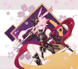  animal_ears armor breasts closed_mouth dual_wielding earrings female fox_ears fox_mask gauntlets greaves hair_bun hair_ornament highres holding holding_sword holding_weapon honkai_(series) honkai_impact_3rd japanese_armor jewelry looking_at_viewer mask medium_breasts ninja official_art pink_hair purple_eyes red_scarf reverse_grip scarf short_sword single_hair_bun solo sword tantou weapon yae_kasumi yae_sakura 