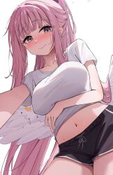  angel_wings arm_under_breasts black_shorts blue_archive blush breasts closed_mouth collarbone commentary crescent ear_blush feathered_wings female halo high_ponytail highres large_breasts long_hair looking_at_viewer low_wings messy_hair midriff mika_(blue_archive) navel nenight pink_hair pink_halo shirt short_sleeves shorts simple_background solo stomach sweat thighs two-tone_eyes white_background white_shirt white_wings wings yellow_eyes 