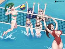  4girls absurdres ass bikini black_bikini blue_bikini blue_eyes blue_hair blush breasts brown_hair cleavage corrin_(female)_(fire_emblem) corrin_(fire_emblem) fire_emblem fire_emblem:_the_blazing_blade fire_emblem_awakening fire_emblem_fates green_bikini green_eyes green_hair hair_between_eyes hayato_stuff high_ponytail highres kagero_(fire_emblem) long_hair lucina_(fire_emblem) lyn_(fire_emblem) multiple_girls one-piece_swimsuit open_mouth outdoors ponytail red_one-piece_swimsuit swimsuit tiara underboob volleyball water 