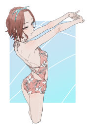  absurdres ass breasts brown_hair female flower_ornament highres higuchi_madoka idolmaster idolmaster_shiny_colors naga-agan one-piece_swimsuit pink_one-piece_swimsuit short_hair simple_background swimsuit 