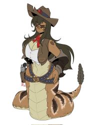  bandana bandana_around_neck breasts brown_hair brown_hat brown_jacket brown_vest cassidy_(bandicootmayhem) cleavage colored_sclera cowboy_hat crop_top cropped_vest female gogomrdodo gun handgun hat highres holster jacket lamia large_breasts long_hair monster_girl off_shoulder open_clothes open_jacket open_vest original red_bandana scales shirt signature simple_background slit_pupils solo vest weapon white_background white_shirt yellow_sclera 