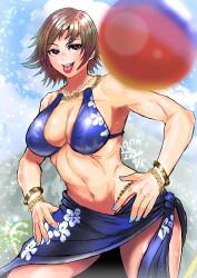  absurdres ball bare_arms bare_shoulders beachball bead_necklace beads blue_nails blue_sky bracelet breasts brown_eyes brown_hair cleavage cloud dated female fingernails floral_print hands_on_own_hips highres jewelry kazama_asuka large_breasts looking_at_viewer nail_polish navel necklace open_mouth palm_tree sarong short_hair sky smile sparkle stomach sura10seventeen swimsuit tekken tekken_8 tomboy toned toned_female tongue tongue_out tree 