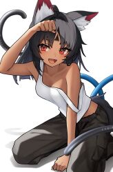  absurdres animal_ear_fluff animal_ears black_hair black_pants blush cat_ears cat_girl cowboy_shot dark-skinned_female dark_skin facial_mark female forehead_mark highres long_hair looking_at_viewer multiple_tails nekomiya_mana oerba_yun_fang open_mouth pants parted_bangs red_eyes shirt short_sleeves simple_background smile solo tail thomas_8000 two_tails white_background white_shirt zenless_zone_zero 